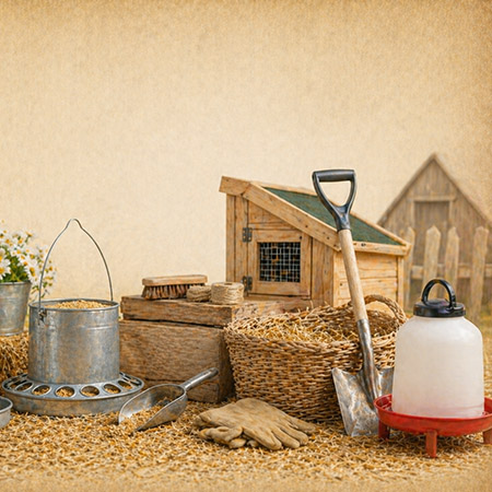 Chicken feeders, waterers and farm tools